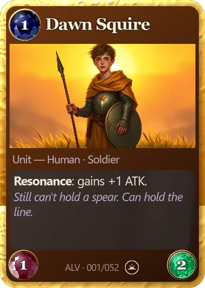 Dawn Squire. Resonance: gains +1 ATK.