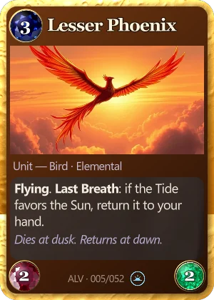 Lesser Phoenix. Flying. Last Breath: if the Tide favors the Sun, return it to your hand.