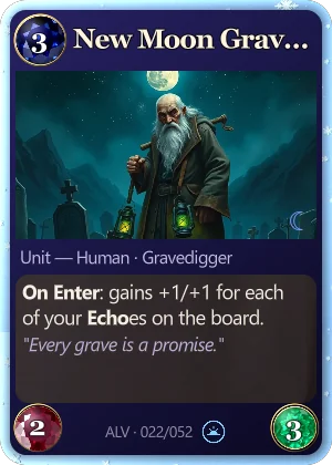 New Moon Gravedigger. On Enter: gains +1/+1 for each of your Echoes on the board.
