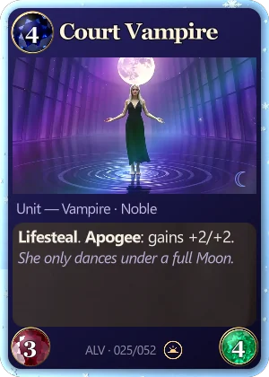 Court Vampire. Lifesteal. Apogee: gains +2/+2.